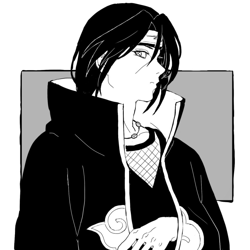 1boy, akatsuki_uniform, arm_out_of_sleeve, black_hair, black_headband, border, closed_mouth, facial_mark, fishnet_top, fishnets, grey_background, greyscale, hair_between_eyes, headband, highres, jewelry, looking_at_viewer, male_focus, monochrome, naruto_(series), naruto_shippuuden, necklace, parted_bangs, popped_collar, sharingan, solo, uchiha_itachi, upper_body, uri_geikon, white_border