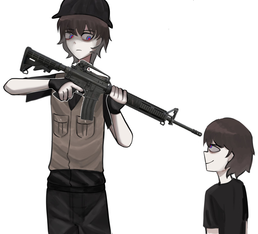 2boys, adam_lanza, animification, ar-15, arms_at_sides, at_gunpoint, bad_anatomy, bags_under_eyes