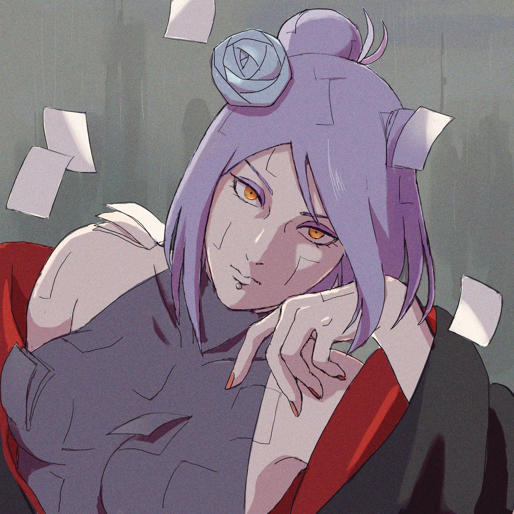 1girl, akatsuki_uniform, bare_shoulders, black_jacket, breasts, closed_mouth, eyeshadow, falling_paper, flower, grey_background, hair_bun, hair_flower, hair_ornament, head_on_hand, jacket, jacket_partially_removed, konan_(naruto), looking_at_viewer, makeup, medium_breasts, medium_hair, nail_polish, naruto_(series), naruto_shippuuden, orange_eyes, orange_nails, purple_eyeshadow, purple_hair, red_jacket, sleeveless, sleeveless_turtleneck, solo, swept_bangs, turtleneck, two-sided_fabric, two-sided_jacket, upper_body, uri_geikon