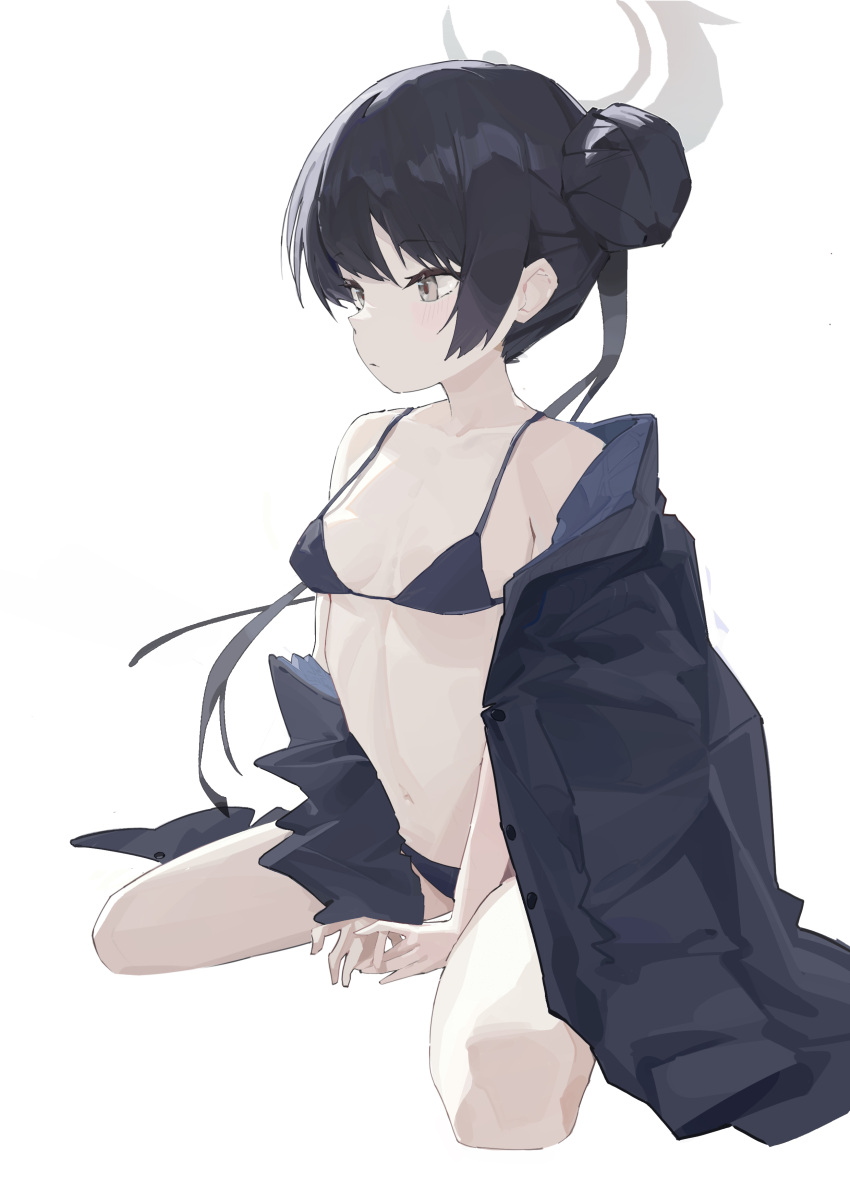 1girl, absurdres, belly, black_bra, black_hair, blue_archive, bra, chinese_commentary, commentary, double_bun, grey_halo, hair_bun, halo, highres, kisaki_(blue_archive), lirn, looking_to_the_side, original, sitting, underwear, wariza, white_background, yellow_eyes