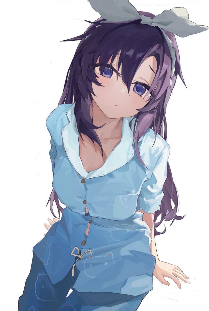 1girl, absurdres, blue_archive, blue_pajamas, bow, bowtie, hair_ornament, highres