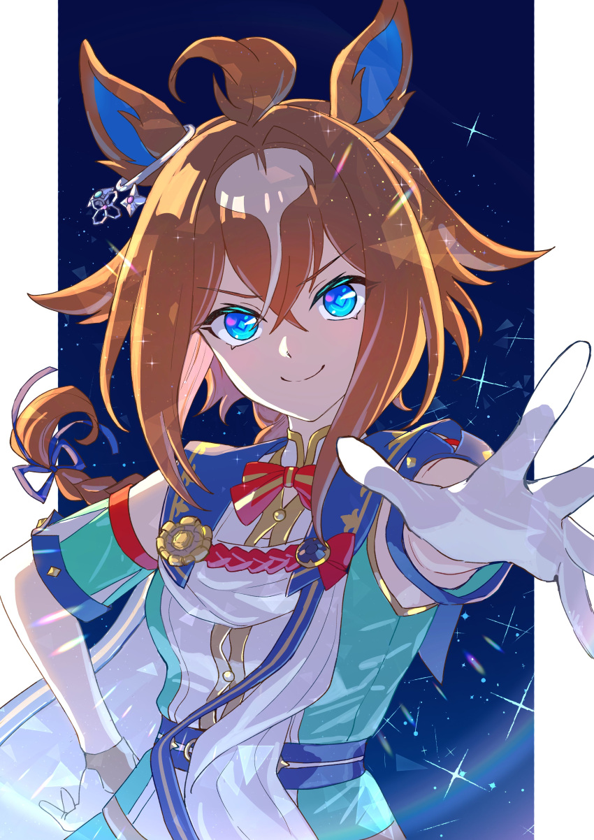 absurdres, animal_ears, blue_eyes, blush, bow, braid, breasts, brown_hair