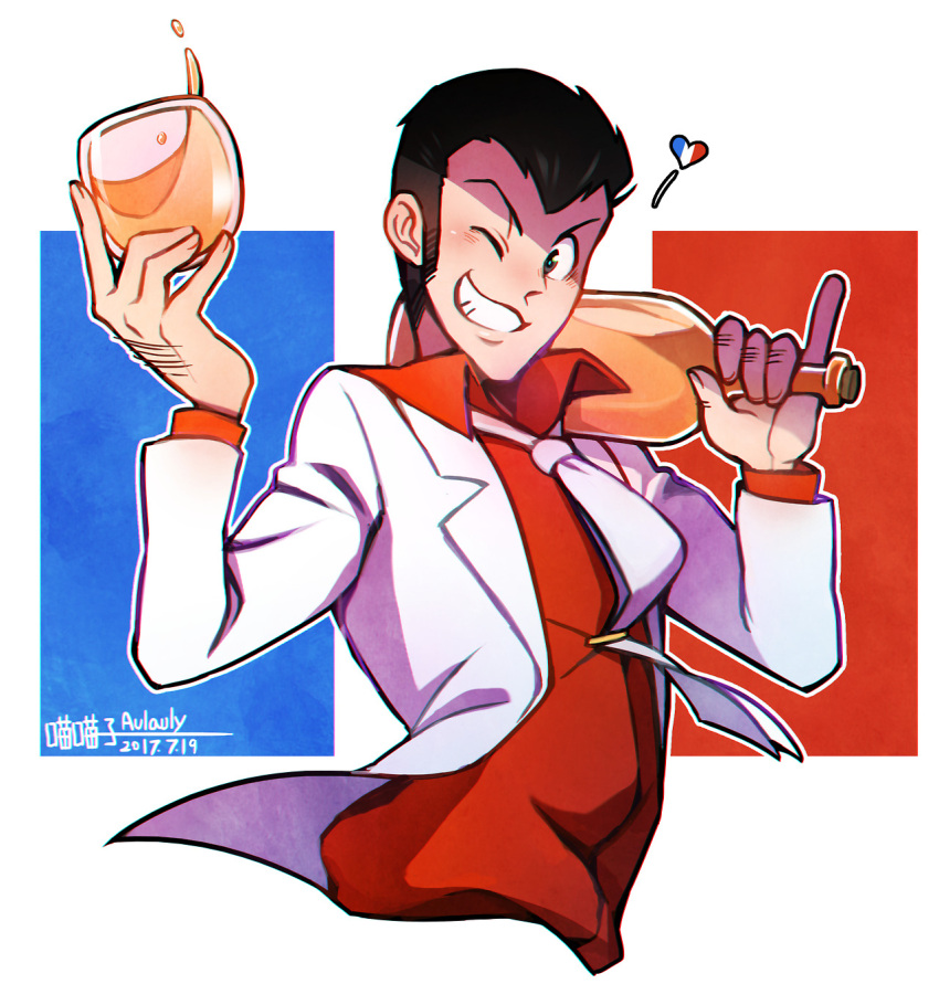 1boy, alcohol, alternate_costume, arsene_lupin_iii, aulauly, bottle, cup, drinking_glass