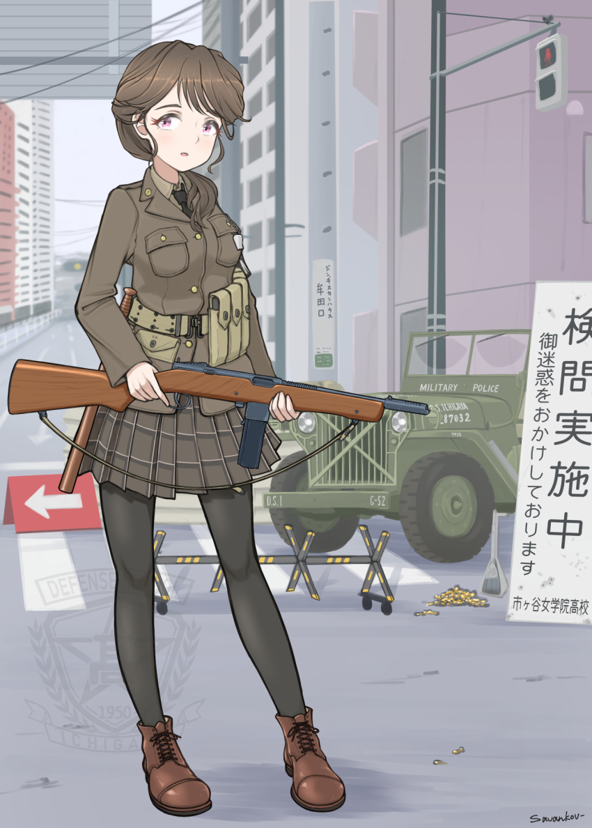 1girl, ammunition_pouch, baton_(weapon), belt, black_necktie, black_pantyhose, boots, brown_belt