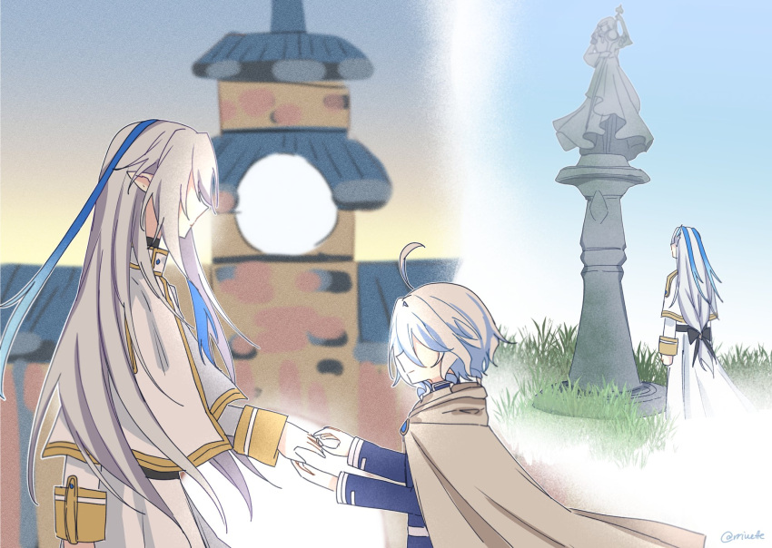 1boy, 1girl, ahoge, clock, clock_tower, cosplay, frieren, frieren_(cosplay)