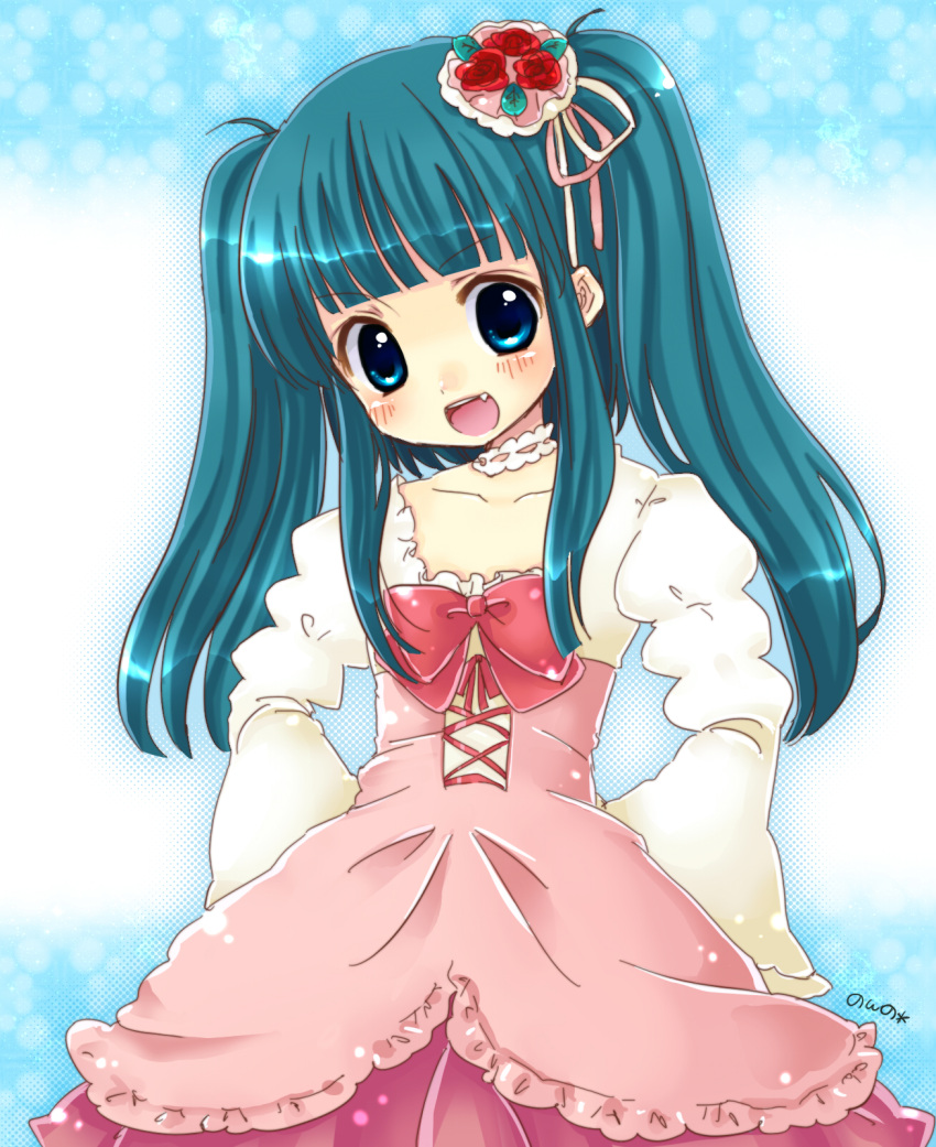 blue_hair, dress, flower, furudo_erika, hair_ornament, highres, kanene_nono, ribbon