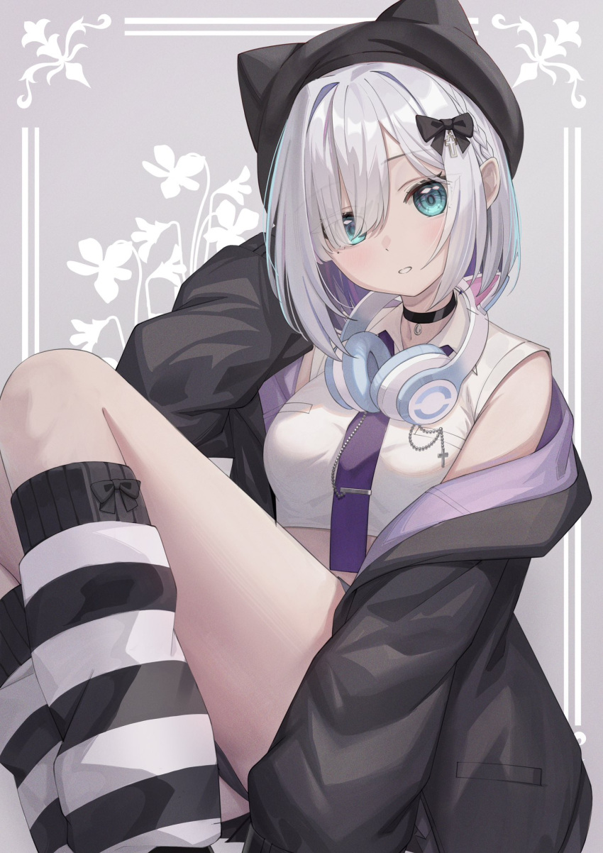 1girl, black_hat, black_jacket, black_skirt, blue_eyes, blue_hair, blush, breasts, choker, commentary_request, crop_top, cross_hair_ornament, grey_hair, hair_ornament, hat, highres, jacket, jewelry, kaga_sumire, kaga_sumire_(2nd_costume), long_sleeves, looking_at_viewer, medium_breasts, multicolored_hair, necktie, parted_lips, pleated_skirt, purple_necktie, ribbon, shakkiyi, short_hair, short_sleeves, skirt, socks, streaked_hair, striped_clothes, striped_socks, virtual_youtuber, vspo!