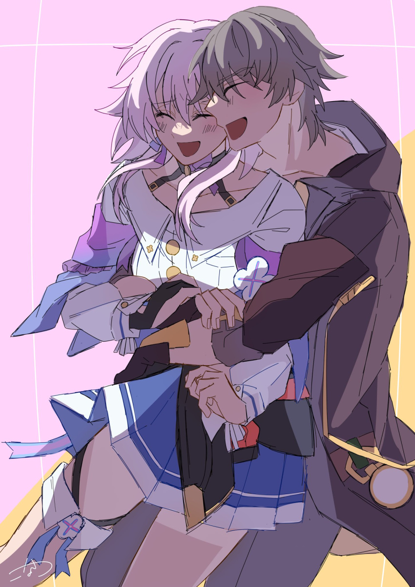 1boy, 1girl, arms_around_waist, black_coat, black_gloves, blue_skirt, caelus_(honkai:_star_rail), closed_eyes, coat, collarbone, commentary_request, gloves, grey_hair, highres, honkai:_star_rail, honkai_(series), hood, hooded_coat, jacket, konatsu_(04_konatsu), long_sleeves, march_7th_(honkai:_star_rail), march_7th_(preservation)_(honkai:_star_rail), open_clothes, open_coat, open_mouth, pink_background, pink_hair, skirt, smile, trailblazer_(honkai:_star_rail)