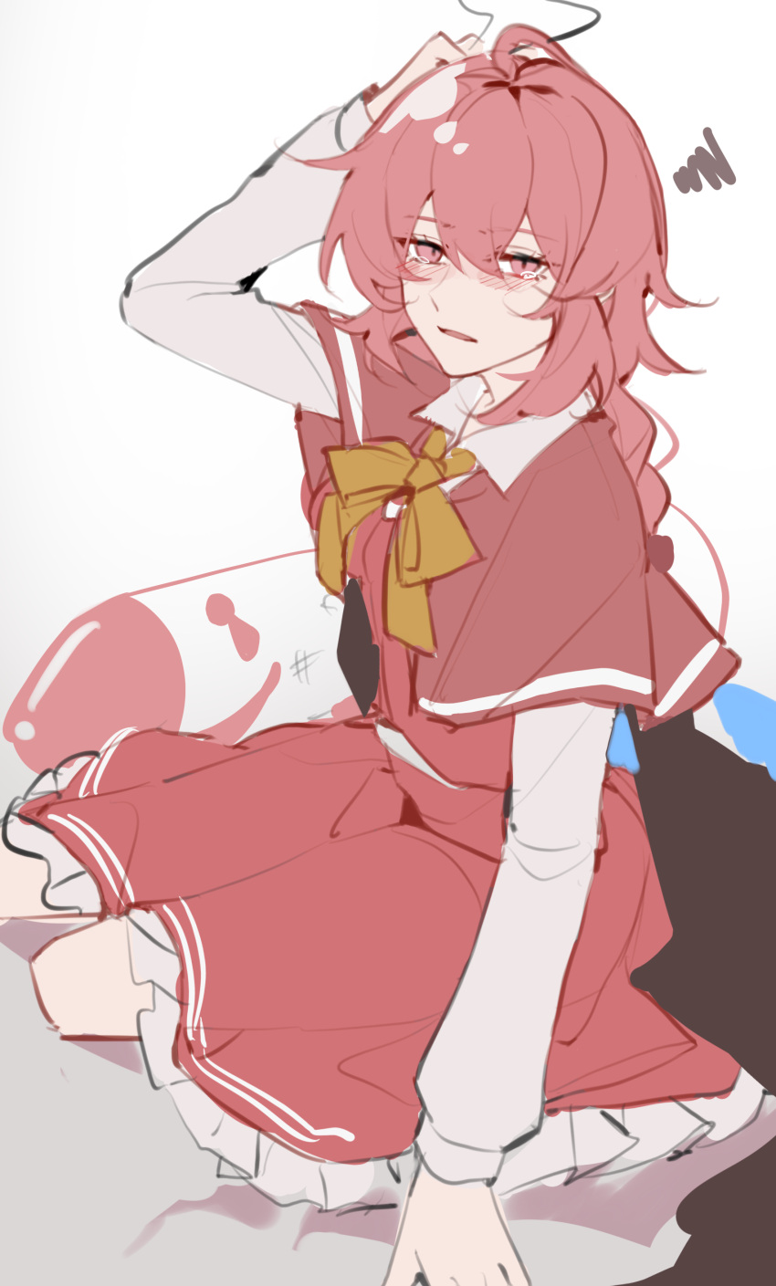 1girl, absurdres, ahoge, arm_up, blush, bow, bowtie, braid