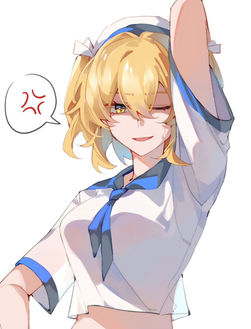 1girl, anger_vein, arm_up, blonde_hair, blue_necktie, blue_sailor_collar, chinese_commentary, commentary_request