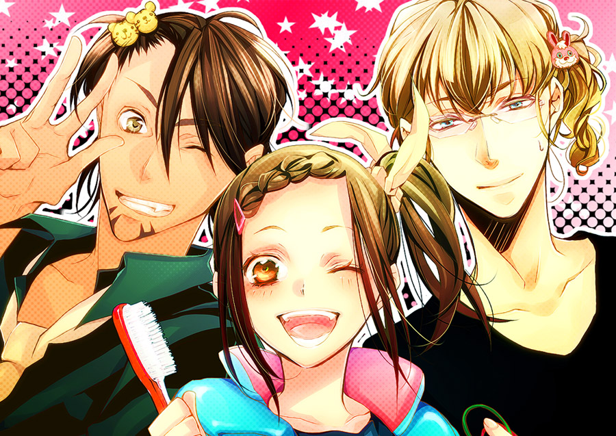 age_difference, alicesou, bad_id, barnaby_brooks_jr, blonde_hair, blue_eyes, braid, brown_eyes, brown_hair, facial_hair, father_and_daughter, glasses, green_eyes, hair_bobbles, hair_ornament, hairclip, kaburagi_kaede, kaburagi_t_kotetsu, male, multiple_boys, necktie, short_hair, side_ponytail, stubble, t-shirt, tiger_&amp;_bunny, toothbrush, v, vest, watch, wink, wristwatch