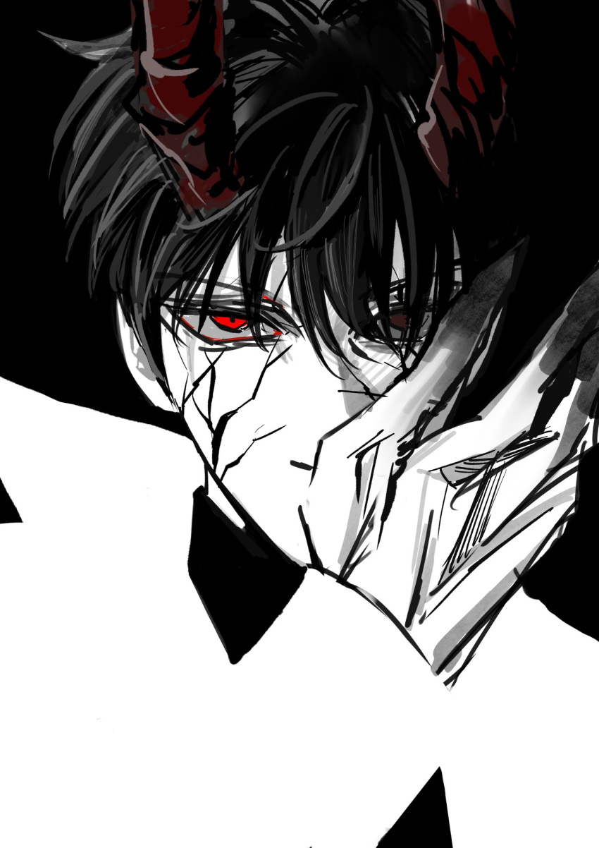 1boy, aegyo_sal, black_hair, black_shirt, coat, colored_extremities, colored_veins, facing_viewer