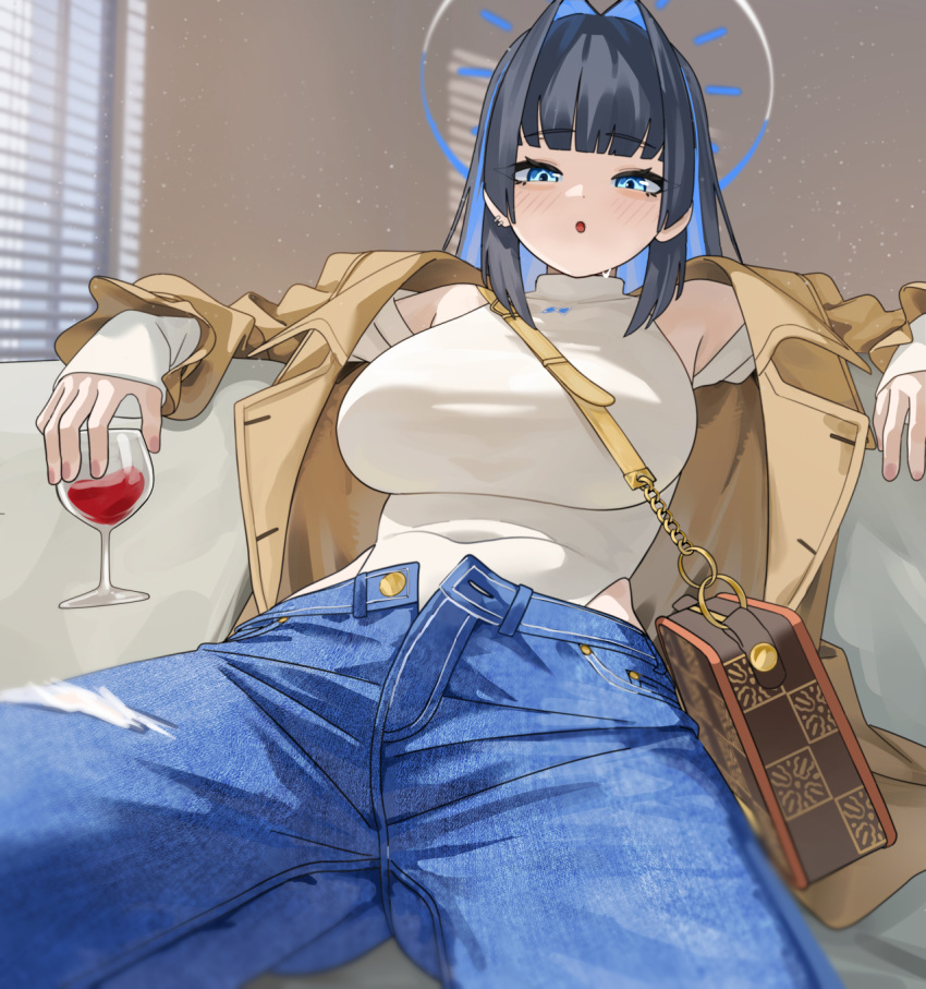 1girl, :o, arm_rest, bag, black_hair, blue_eyes, blue_hair, blunt_bangs