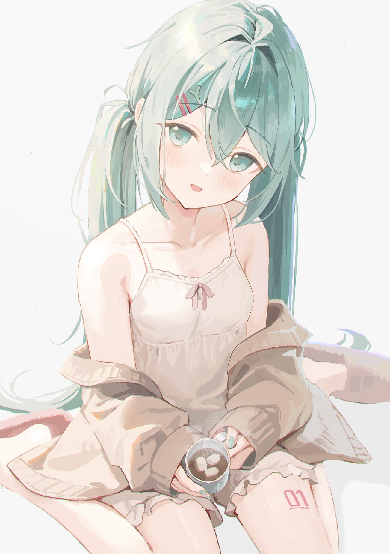 1girl, :d, aqua_eyes, aqua_hair, aqua_nails, armpit_crease, ayafu, bare_legs
