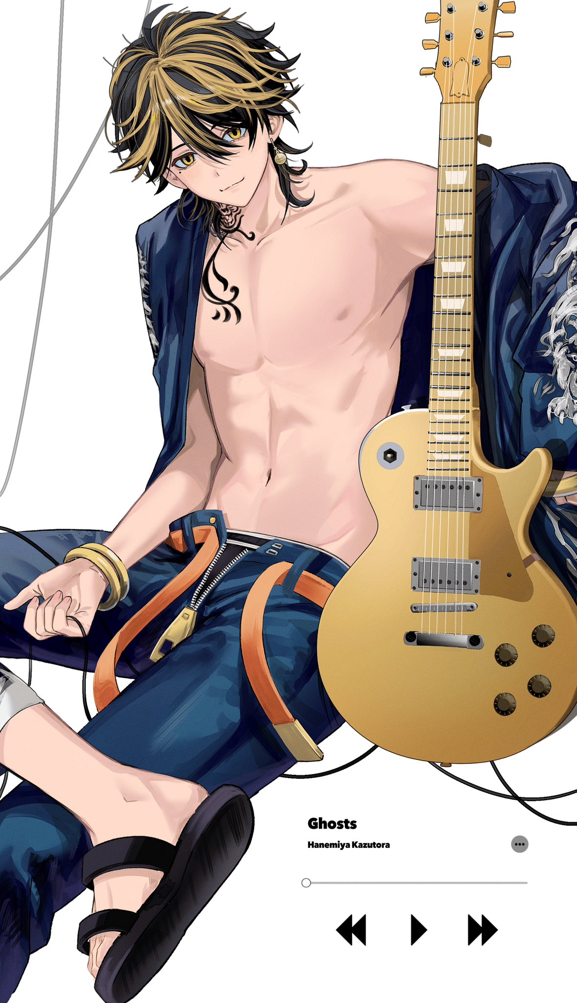 1boy, 1girl, black_hair, blonde_hair, closed_mouth, collarbone, commentary, denim