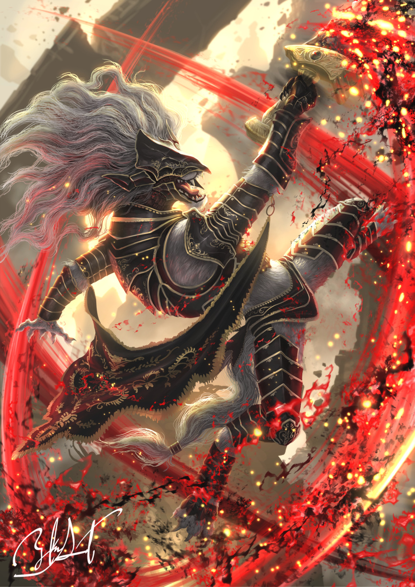 1boy, armor, armored_animal, black_armor, breastplate, claws, covered_eyes, elden_ring