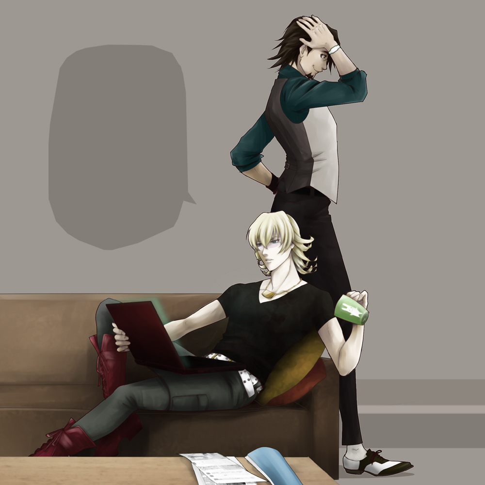 barnaby_brooks_jr, belt, blonde_hair, blue_eyes, boots, brown_eyes, brown_hair, computer, couch, cup, facial_hair, fukunoya, glasses, kaburagi_t_kotetsu, laptop, male, multiple_boys, necktie, newspaper, short_hair, stubble, studded_belt, tiger_&amp;_bunny, vest, watch, wristwatch