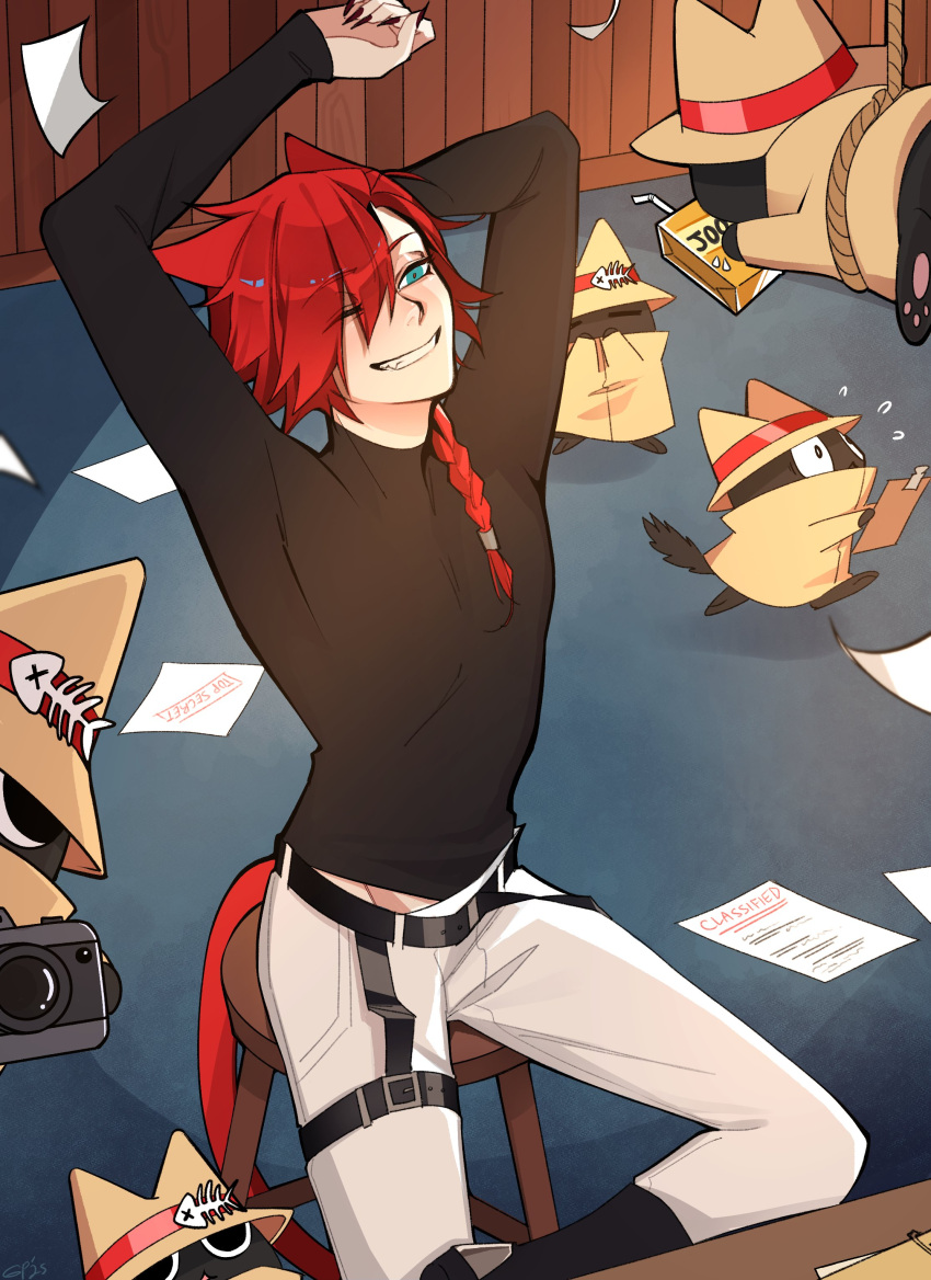 1boy, absurdres, animal_ears, belt, black_shirt, blue_eyes, boots, bread