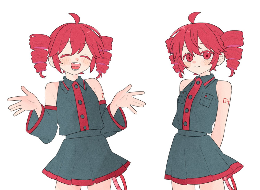 1girl, ahoge, arms_behind_back, bare_arms, bare_shoulders, breast_pocket, buttons, closed_eyes, closed_mouth, cowboy_shot, detached_sleeves, drill_hair, grey_shirt, grey_skirt, hands_up, kasane_teto, kasane_teto_(utau), komori_kamome, looking_at_viewer, miniskirt, multiple_views, open_mouth, pleated_skirt, pocket, red_eyes, red_hair, shirt, simple_background, skirt, sleeveless, sleeveless_shirt, smile, standing, twin_drills, utau, white_background