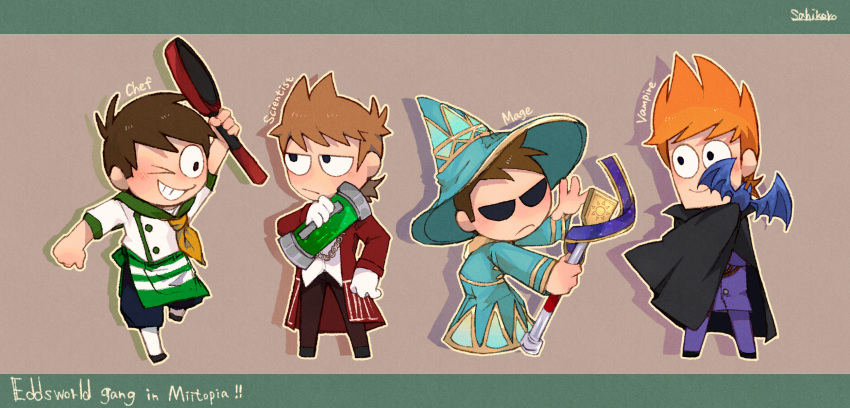 >_o, 4boys, antenna_hair, aqua_hat, aqua_robe, arm_up, bat_(animal), black_cape