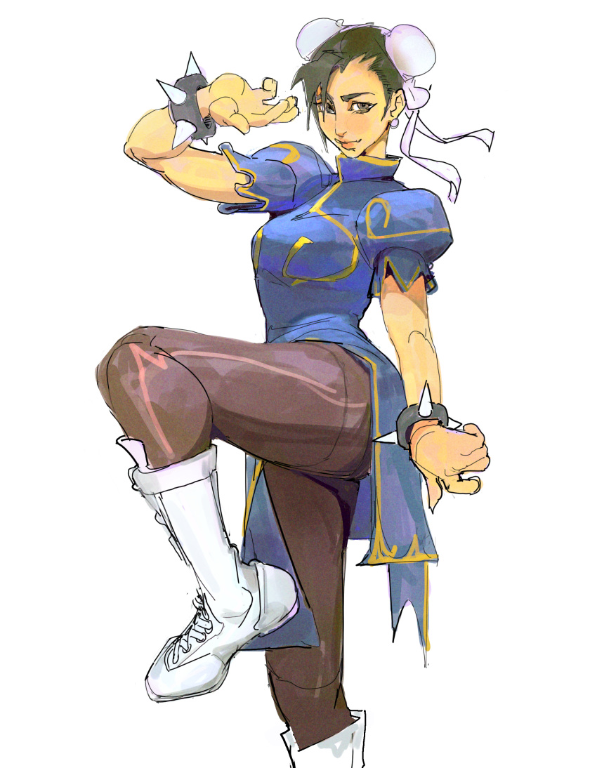 1girl, absurdres, bracelet, brendon_paes, bun_cover, chun-li, commentary, double_bun