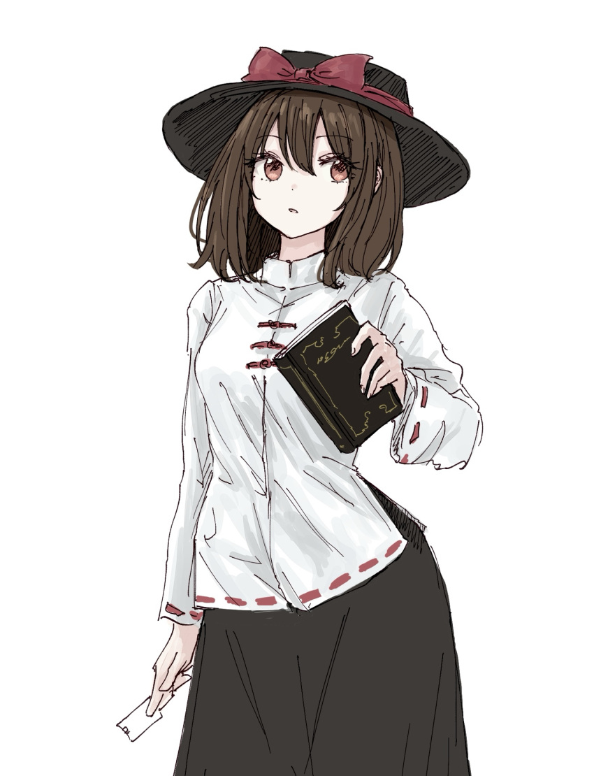 1girl, black_hat, black_skirt, book, bow, brown_hair, chinese_clothes, commentary