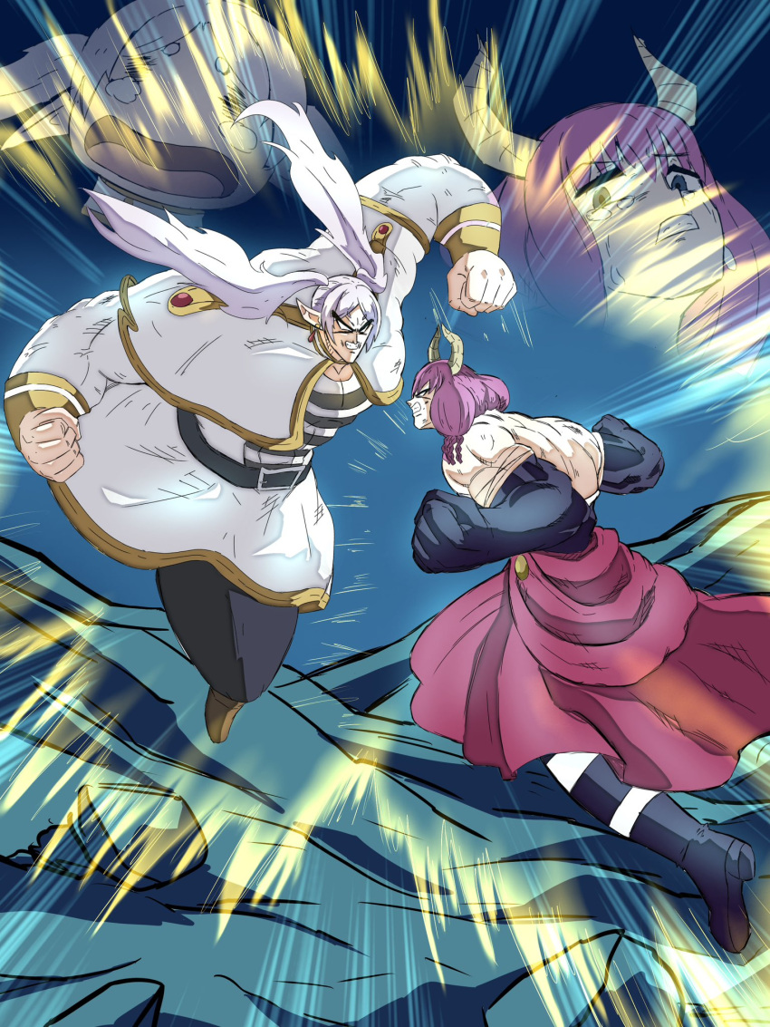 aura_(sousou_no_frieren), aura_bullying_(meme), backless_dress, backless_outfit, belt, black_belt, black_boots, black_dress, black_gloves, blank_eyes, blue_eyes, boots, broly_(dragon_ball_z), broly_(dragon_ball_z)_(cosplay), brown_boots, cosplay, crying, crying_with_eyes_open, demon, demon_girl, demon_horns, dragon_ball, dragon_ball_z, dress, earrings, elf, fighting, frieren, gloves, highres, horns, jewelry, legendary_super_saiyan, long_hair, m_s_paragus, meme, muscular, pantyhose, parody, pink_hair, pointy_ears, skirt, son_goku, son_goku_(cosplay), sousou_no_frieren, super_saiyan, tears, teeth, twintails, white_dress, white_eyes, white_hair