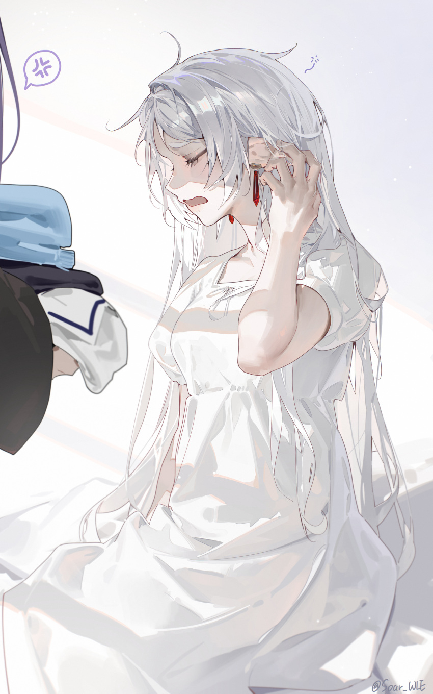 1girl, absurdres, anger_vein, artist_name, closed_eyes, commentary_request, earrings, elf