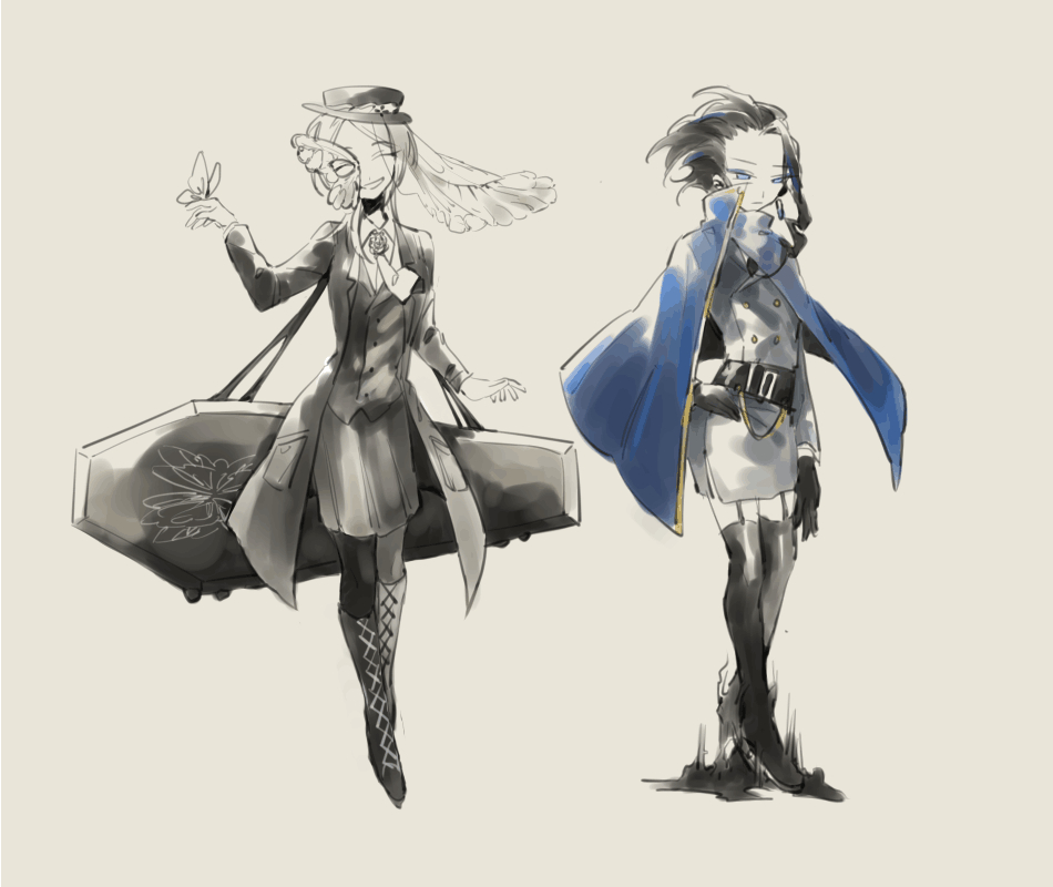 2girls, black_boots, black_hair, black_hat, blue_cape, blue_eyes, boots, bug