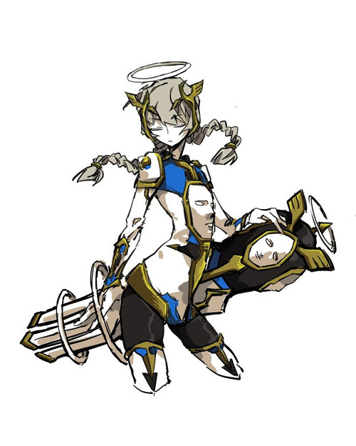 1girl, black_leggings, boots, braid, brown_hair, closed_eyes, closed_mouth, gold_trim, gun, halo, jacket, leggings, lobotomy_corporation, low_twin_braids, project_moon, solo, twin_braids, weapon, wei_qie_zaisheng, white_boots, white_fixer_(project_moon), white_halo, white_jacket