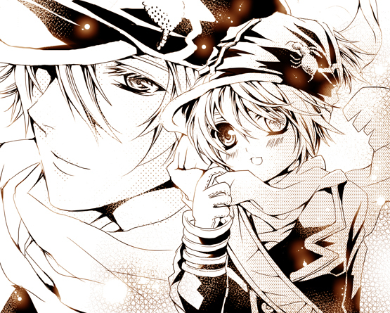 azu_(pixiv_id_763295), blush, gauche_suede, halftone, lag_seeing, looking_at_viewer, male_focus, open_mouth