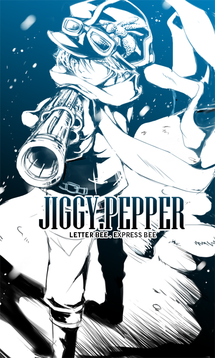 azu_(pixiv_id_763295), blue_background, gun, jiggy_pepper, looking_away, male_focus, solo, tegami_bachi, text, wind