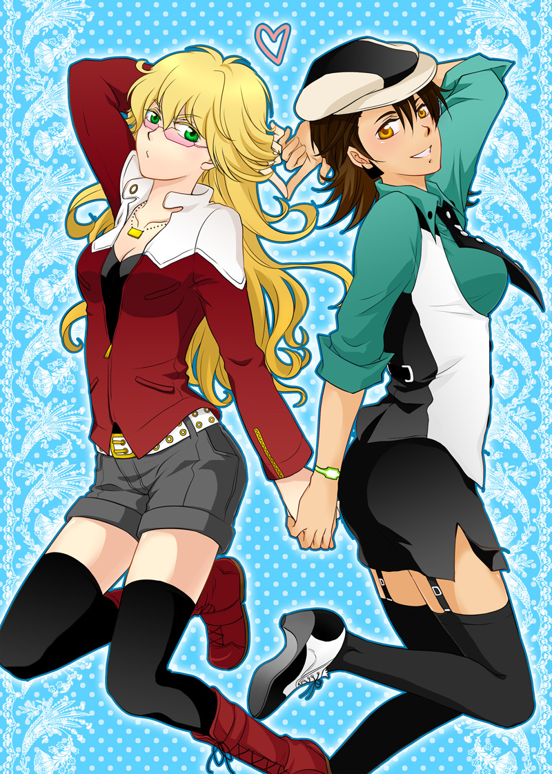 barnaby_brooks_jr, belt, black_legwear, blonde_hair, blush, breasts, brown_eyes, brown_hair