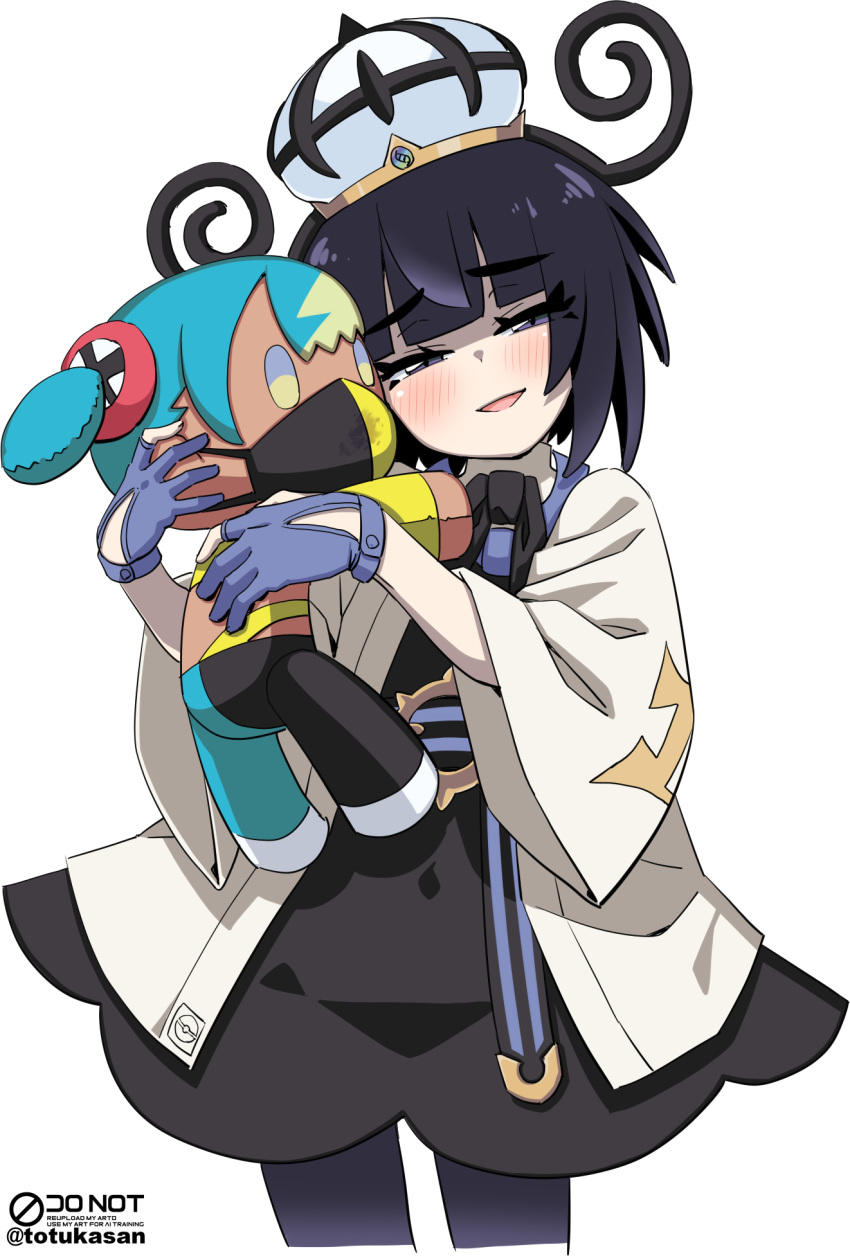 1girl, black_dress, black_hair, blush, canari_(pokemon), canari_plush_(pokemon), character_doll, cowboy_shot