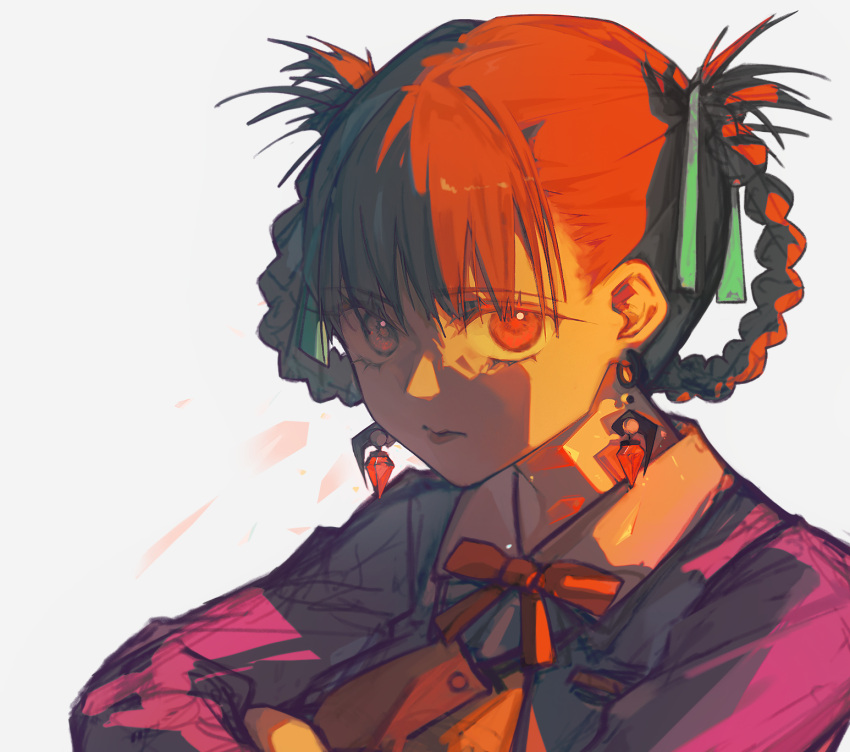 1girl, a_kite, braid, braided_hair_rings, brown_hair, closed_mouth, earrings, expressionless