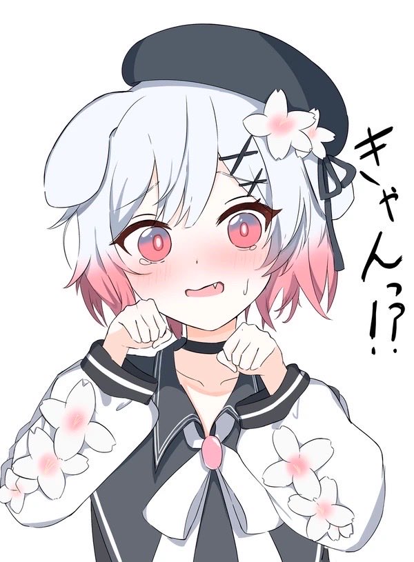 1girl, animal_ears, beret, black_choker, black_dress, black_hat, black_ribbon, blush, choker, dog_ears, dog_girl, dress, fang, floppy_ears, flower, hair_flower, hair_ornament, hair_ribbon, hat, kemonomimi_mode, mahou_shoujo_no_majo_saiban, mezyoma, multicolored_hair, open_mouth, paw_pose, pink_streaks, ribbon, sakuraba_ema, short_hair, simple_background, solo, streaked_hair, upper_body, white_background, white_flower, white_hair