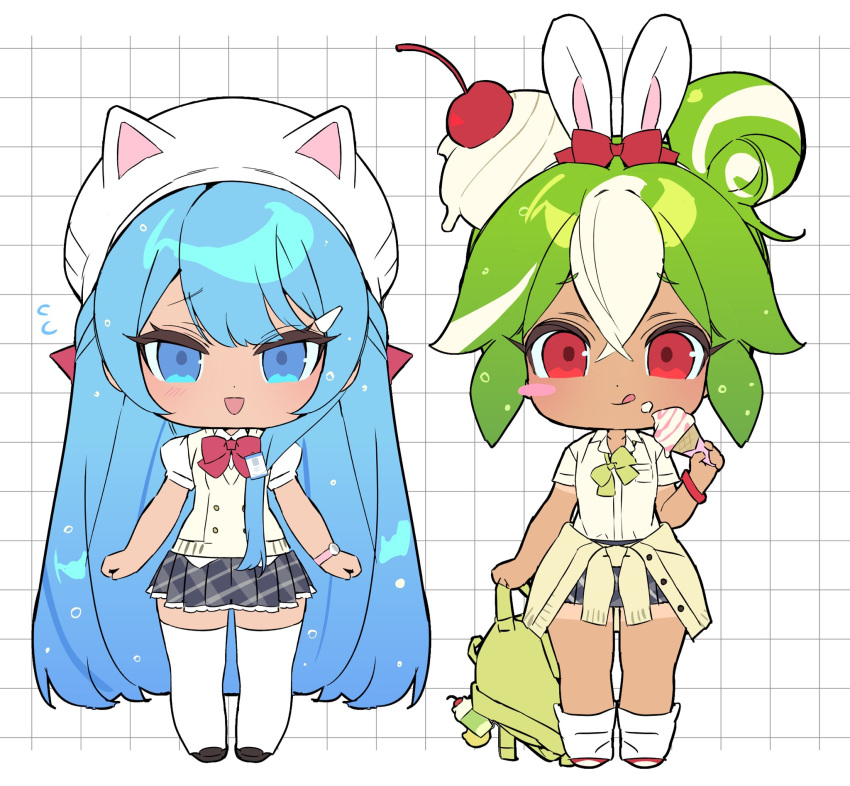 2girls, :d, :q, absurdly_long_hair, air_bubble, alternate_costume, animal_ears, animal_hat
