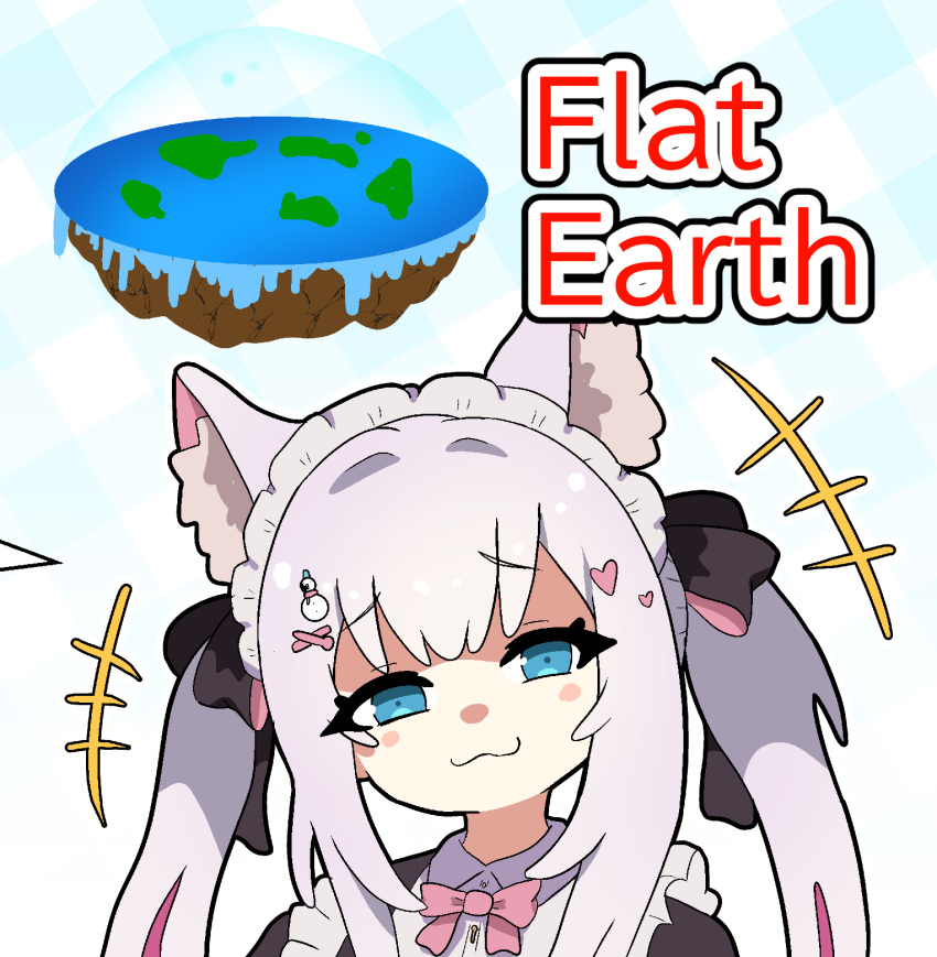 +++, 1girl, :3, animal_ear_fluff, animal_ears, apron, aya-cis, black_dress, black_ribbon, blue_eyes, bow, bowtie, cat_ears, dress, english_text, flat_earth, frilled_apron, frills, furrowed_brow, hair_ornament, hair_ribbon, heart, heart_hair_ornament, highres, long_hair, long_sidelocks, looking_at_viewer, maid_headdress, mesugaki, original, pink_bow, pink_bowtie, plaid_background, planet, portrait, ribbon, science_fiction, sidelocks, smirk, snowman_hair_ornament, twintails, x_hair_ornament
