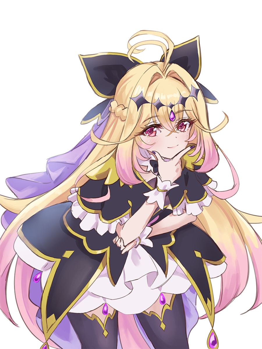 1girl, antenna_hair, bell_(angelicalary), black_bow, black_capelet, black_dress, black_thighhighs, blonde_hair