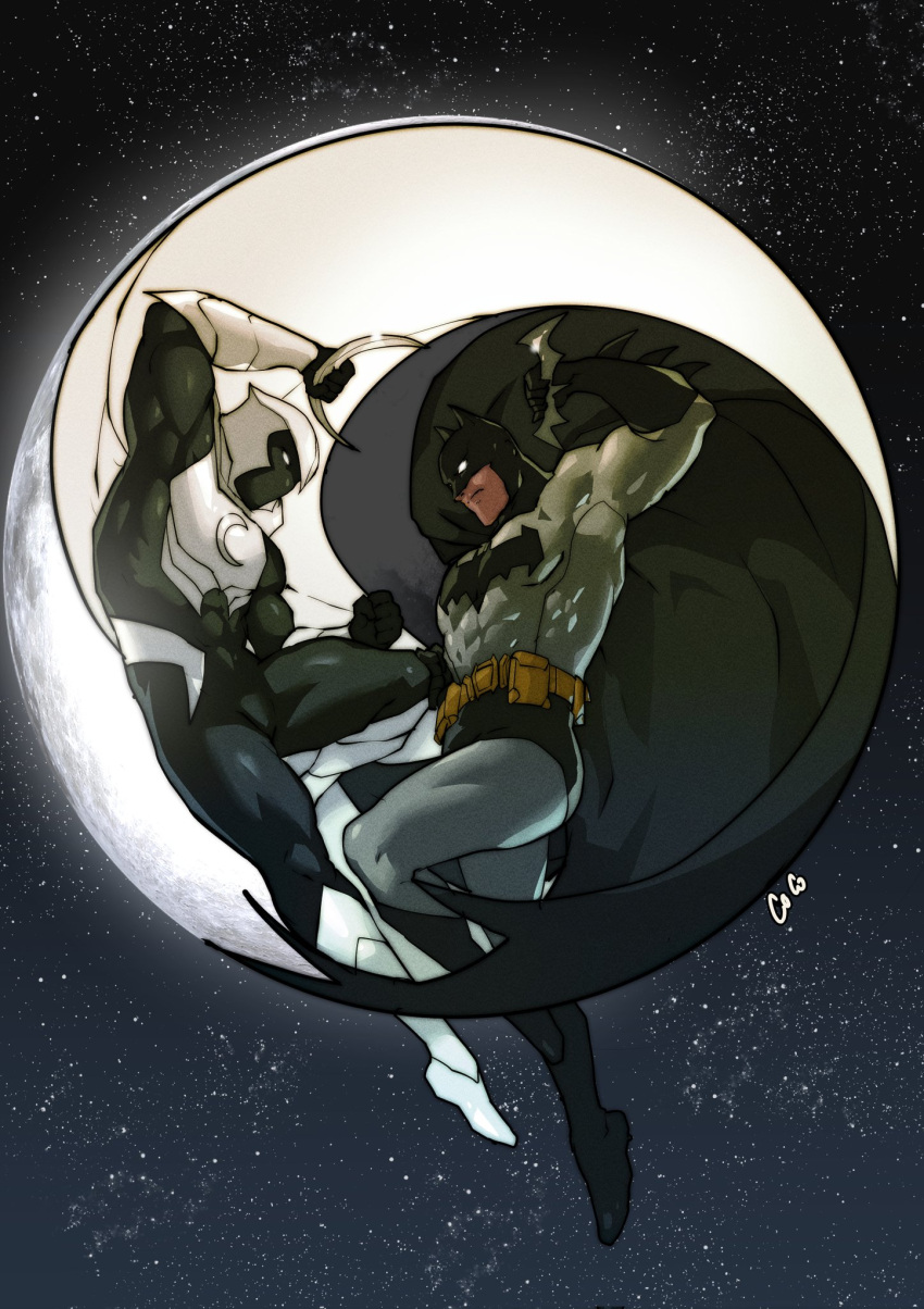 2boys, bat_mask, batman, batman_(series), belt, black_cape, bodysuit, cape, checkered_cloak, cody_conyers_(stellaravenger), cowl, crescent_ornament, dc_comics, grey_bodysuit, highres, male_focus, marvel, moon_knight, moon_tattoo, multicolored_bodysuit, multiple_boys, superhero_costume, tattoo, taut_bodysuit, two-tone_bodysuit, utility_belt, white_cape