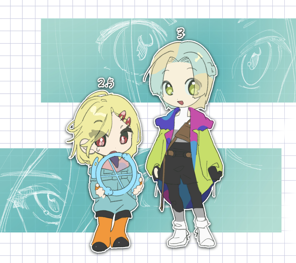 2others, :d, arms_at_sides, baggy_shorts, belt, black_shorts, blonde_hair, blue_jacket