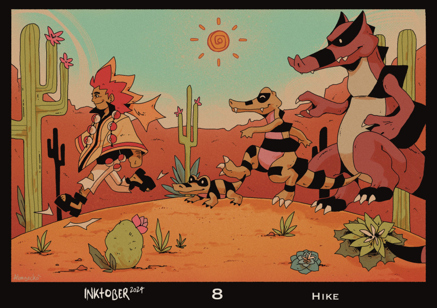 1boy, alder_(pokemon), black_border, black_sandals, blue_sky, border, cactus, cam_(atomgecko)