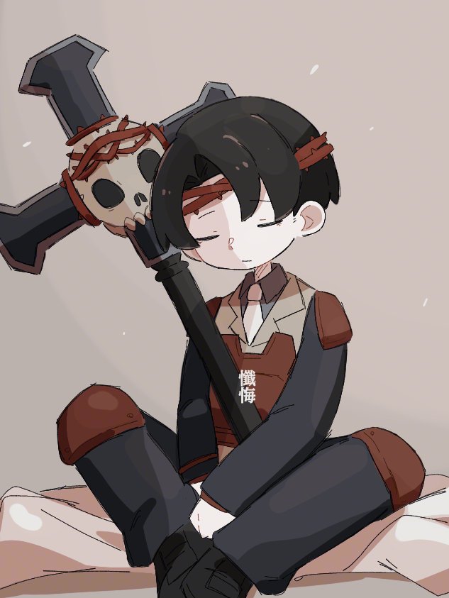 1other, 890_si1kworm, black_hair, blue_shirt, closed_eyes, closed_mouth, collared_shirt, commentary_request, cross, e.g.o_(project_moon), employee_(project_moon), grey_background, grey_jacket, jacket, lobotomy_corporation, necktie, nugget_(project_moon), other_focus, penitence_(e.g.o), project_moon, shirt, short_hair, sitting, skull, thorns, white_necktie