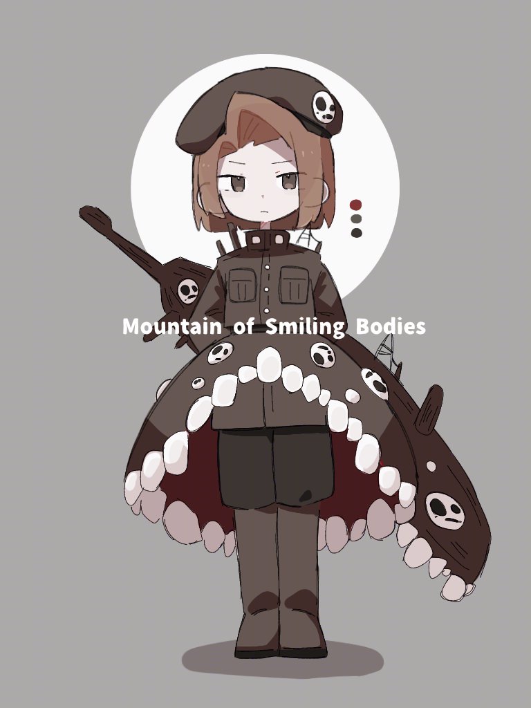 1other, 890_si1kworm, arms_behind_back, beret, black_hat, black_pants, boots, brown_eyes, brown_hair, closed_mouth, color_guide, commentary_request, dress, e.g.o_(project_moon), employee_(project_moon), grey_background, grey_boots, grey_dress, hat, lobotomy_corporation, nugget_(project_moon), other_focus, pants, project_moon, short_hair, simple_background, smile_(e.g.o), sword, sword_on_back, v-shaped_eyebrows, weapon, weapon_on_back