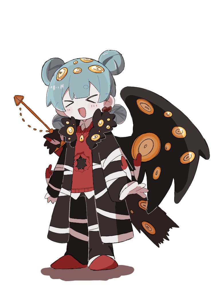 >_<, 1other, 890_si1kworm, :d, black_coat, black_pants, blue_hair, blush