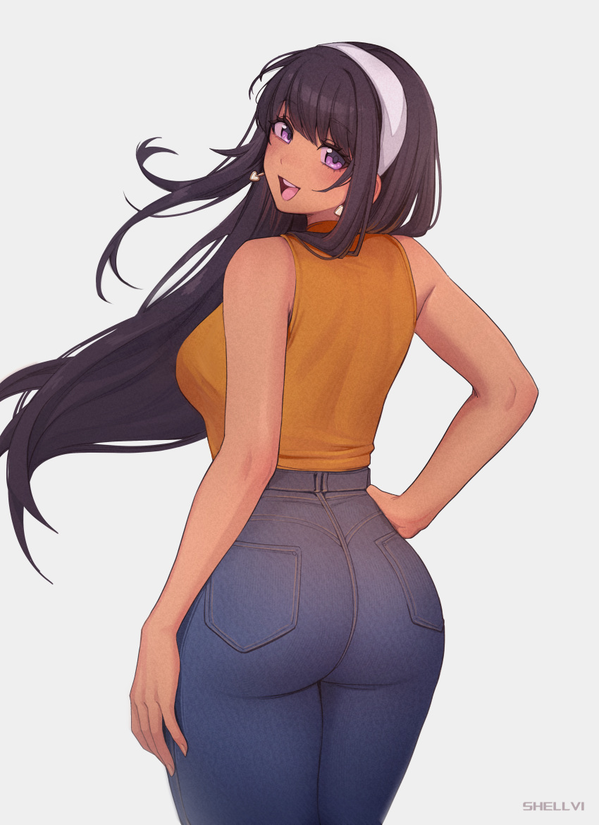 1girl, absurdres, artist_name, bare_arms, bare_shoulders, black_hair, blue_pants, commission