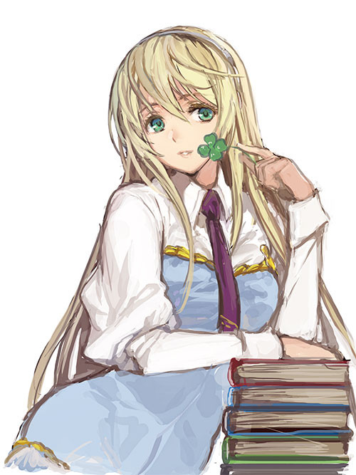 1girl, black_hairband, blonde_hair, blue_dress, book, book_stack, clover, collared_shirt, dress, elbow_rest, four-leaf_clover, green_eyes, hairband, hand_up, holding, holding_clover, leaning_to_the_side, long_hair, necktie, official_art, parted_lips, purple_necktie, rance_(series), rance_x, sheila_helman, shirt, sideways_glance, simple_background, smile, solo, strapless, strapless_dress, tennensui_(alicesoft), upper_body, white_background, white_shirt