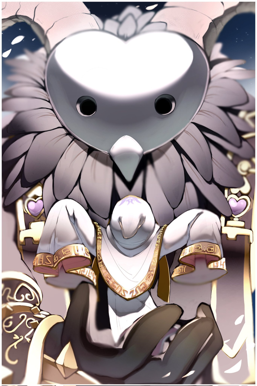 1boy, artist_name, commentary_request, feathers, heart, highres, hollow_eyes, horns