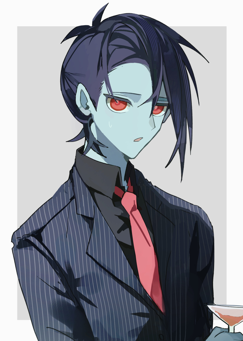 1other, absurdres, black_hair, blue_skin, business_suit, colored_skin, cup, deltarune