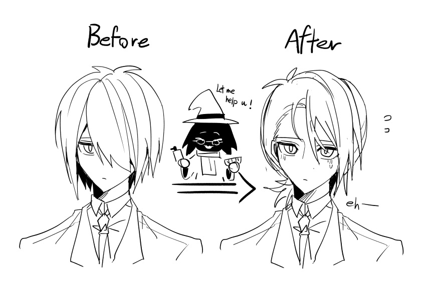 1other, absurdres, business_suit, comb, deltarune, expressionless, greyscale, hair_spray